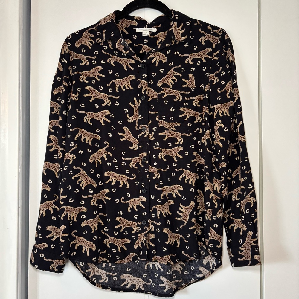 Beach Lunch Lounge Women’s Black Leopard Print Button-Down Blouse Size Small